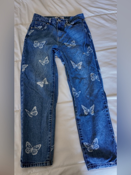 Blue Savvy Denim - Straight Leg Women's Jeans with White Butterfly Print - Blue